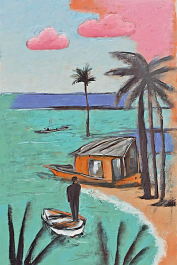 3240633499-DPM++ 2M-8-fine art painting, surrealistic, naive_BREAK_sky orange to pink, one little cloud,_BREAK _violet to turquoise sea,boat, palm tr