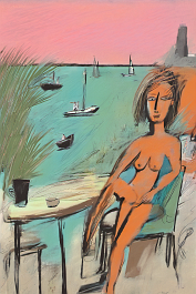 3275591153-DPM++ 2M-8-surrealistic, naive, sunlight,_BREAK_sky orange to pink,_BREAK _blue to turquoise sea,boat, palm tree, hut, beach,black line sc