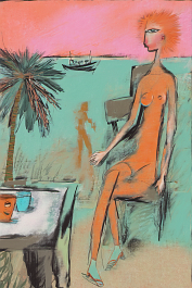 3329395961-DPM++ 2M-8-surrealistic, naive, sunlight,_BREAK_sky orange to pink,_BREAK _blue to turquoise sea,boat, palm tree, hut, beach,black line sc