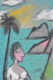 3503619623-DPM++ 2M-8-pastell paiinting, bizarr, caribbean, white lady portrait, boat, black line scribble, _BREAK_clouds, sky, ochre to lightyellow,_
