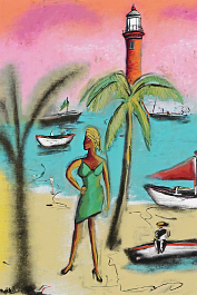 3571761478-DPM++ 2M-8-surrealistic, naive, bizarre,_BREAK_sky orange to pink, lighthouse,_BREAK _green palm leaves at background, sandy beach, yellow