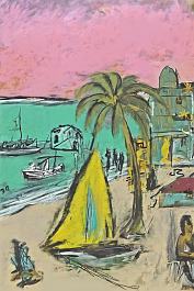 3767401269-DPM++ 2M-8-surrealistic, naive, bizarre,_BREAK_sky orange to pink,_BREAK _green palm leaves at foreground, sandy beach, yellow to ochre,_