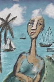 3826448199-DPM++ 2M-8-caribbean, surrealistic, lady portrait-photo, boat,_BREAK_clouds, sky, ochre to lightyellow,_BREAK _sea, island, palm tree, hut