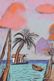 3900905596-DPM++ 2M-8-fine art painting, surrealistic, naive_BREAK_sky orange to pink,_BREAK _violet to turquoise sea,boat, palm tree, hut, beach,bla
