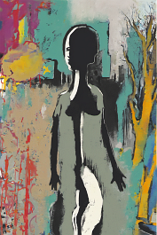 1843879940-DPM++ 2M-9-naive, bizarre, dripping color_BREAK_boy-silhouette, signs, letter, number, sienna_BREAK_lady walking landscape, separated monoc