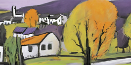 1952023313-DPM++ 2M-7-landscape, surrealistic, naive, sunlight, black line scribble, yellow to lavender, wide view, summer, tyrol_photorealistic, vill