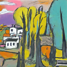 2394357796-DPM++ 2M-7-landscape, surrealistic, naive, sunlight, black line scribble, doodle, orange to yellow to lightblue, wide view,village, summer_