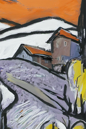 2699557538-DPM++ 2M-7-landscape, surrealistic, naive, sunlight, black line scribble, doodle, yellow to lavender to loghtblue, wide view, winter, snow,