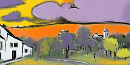 359442327-DPM++ 2M-7-landscape, surrealistic, naive, sunlight, black line scribble, yellow to lavender, wide view, summer, bavaria_photorealistic, vi