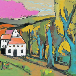 4204872396-DPM++ 2M-7-landscape, surrealistic, naive, sunlight, black line scribble, doodle, orange to yellow to lightblue, wide view,village, summer_