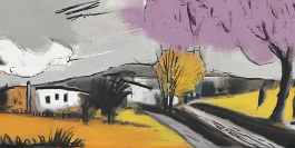 4231070026-DPM++ 2M-7-landscape, surrealistic, naive, sunlight, black line scribble, yellow to lavender, wide view, autumn, toscana_BREAK_photorealist