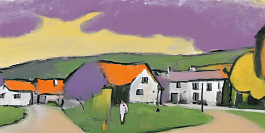 460804899-DPM++ 2M-7-landscape, surrealistic, naive, sunlight, black line scribble, yellow to lavender, wide view, summer, tyrol_photorealistic, vill