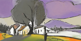 730314538-DPM++ 2M-7-landscape, surrealistic, naive, sunlight, black line scribble, yellow to lavender, wide view, summer, tirol_photorealistic, vill