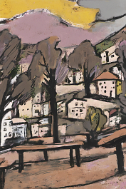 860917414-DPM++ 2M-7-house, sunlight,city, moutain village,white cloud,ochre to lavender sky, pop art, tree, surrealistic, naive, bizarre, thick blac