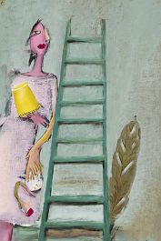 3348509913-DPM++ 2M-7-surrealistic, ochre to white_pencil, brush, hand mirror, lavender, BREAK _ cup, comb, chair,lipstick, nose, ear, yellow to pink,