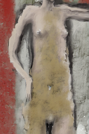 1235465274-DPM++ 2M-7-full body bw portrait-photo , nude, ochre to sienna to olive, dripping color, oak background, table, red boots, _ _lora_FDandlSt
