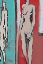 3948458206-DPM++ 2M-8-separated nude-photo of a tall girl in the foreground, in the background red to oak to turquoise, sofa, table, plant, pop art