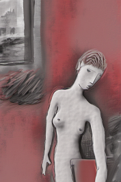 4205664476-DPM++ 2M-8-separated bw nude-photo of a tall girl in the foreground, in the background red to ochre, sofa, table, plant, painting, book,wi