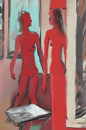 4259601205-DPM++ 2M-8-separated nude-photo of a tall girl in the foreground, in the background red to oak to turquoise, sofa, table, plant, pop art