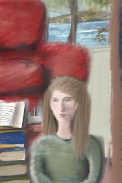 326743248-DPM++ 2M-8-girl portrait-photo in the foreground, in the background oak to buegreen, sofa, table, plant, book,little window with sea view