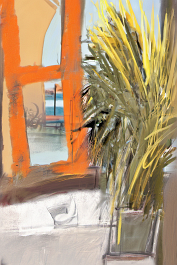 3076767588-DPM++ 2M-8-window to the beach, sunlight, yelloorange, BREAK_indoor, white shirt, sienna girl-photo full body, table, plant, fine art pain