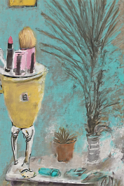 784327279-DPM++ 2M-7-surrealistic, ochre to orange to lightblue_pencil, brush, hand mirror, lavender, BREAK _ cup, comb, chair,lipstick, nose, ear, y