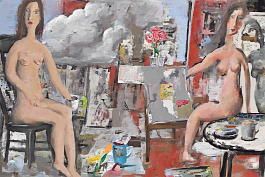 1621352382-DPM++ 2M-7-fdandl, painter´s studio, naked model next to clothed painter , brush, cup, flower, chair, cloud, collage, naive painting_ _lor
