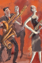 1529789433-DPM++ 2M-8-jazz-club, medium shot, musician, trumpet, woman dancing in the foreground, man with guitar, bass, spotlight, orange-red backgro