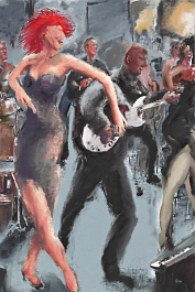 3132004658-DPM++ 2M-8-dancing bar, music, drums, piano, trumpet, sax, woman with red hair, man with guitar, bass, spotlight, audience in background__l