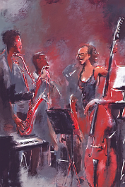 393095679-DPM++ 2M-7-jazz concert on stage, jazz-musician, drums, piano, trumpet, saxophone, boy with e-guitar, girl, red spotlight, digital paintin
