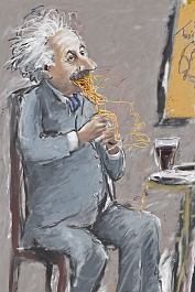4166145081-DPM++ 2M-8.5-portrait of albert einstein eating spaghetti ,full body, signs, sunlight, scribble, sketch, window, board, door, chair, abstract