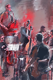 574572983-DPM++ 2M-7-jazz concert on stage, jazz-musician, drums, piano, trumpet, saxophone, boy with e-guitar, girlin the foreground, red spotlight