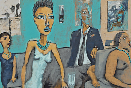 1492734702-DPM++ 2M-8-hotel, reception hall, sofa, VIP's, tie,[[ jewelry]], inhouse, lady, turquoise-tan-ochre-darkblue, person face foreground, naiv