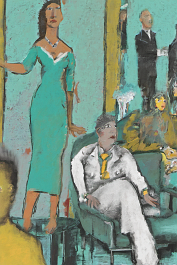 1863000106-DPM++ 2M-8-hotel, reception hall, sofa, VIP's, tie,[[ jewelry]], inhouse, lady, wide view, turquoise-green-ochre, person face foreground, n