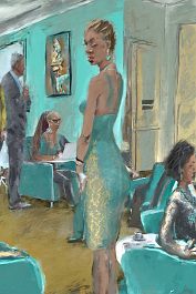 2305266569-DPM++ 2M-8-hotel, reception hall, sofa, VIP's, tie,[[ jewelry]], inhouse, lady, wide view, digital painting, turquoise-blue-ochre, person f