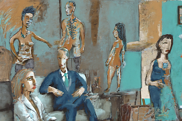 3270722566-DPM++ 2M-8-hotel, reception hall, sofa, VIP's, tie,[[ jewelry]], inhouse, lady, turquoise-tan-ochre-darkblue, person face foreground, naiv