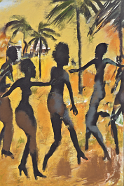 3480252858-DPM++ 2M-8-caribean music band, dancing,palm, hut,color field painting,ochre, silhouettes in the foreground__lora_FDandlSty2_1__