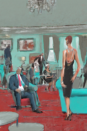 3948572435-DPM++ 2M-9-hotel, reception hall, sofa, VIP's, tie,[[ jewelry]], inhouse, lady, wide view, digital painting, turquoise-blue-tan-red, person
