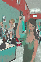 4173105919-DPM++ 2M-9-hotel, reception hall,tie,[[ jewelry]], inhouse, lady, wide view, digital painting, turquoise-green-tan-red, person foreground,
