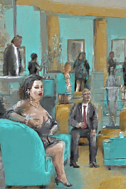 922346031-DPM++ 2M-8-hotel, reception hall, sofa, VIP's, tie,[[ jewelry]], inhouse, lady, wide view, digital painting, turquoise-blue-ochre, person f