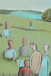 00034-[number]-3421140565-DPM++ 2M-9-picnic, hill, lake, meadow, face in the foreground,tan, lightcyan, bluegrey, naive painting_ _lora_FDandlSty6_1_