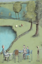 00066-[number]-2984989653-DPM++ 2M-7-picnic, hill, lake, meadow, tree, ball, chair, face in the foreground,tan, lightcyan, bluegrey, naive painting_ _lora_FDandlSty6