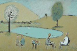00071-[number]-2480045165-DPM++ 2M-7-picnic, hill, lake, meadow, tree, ball, chair, face in the foreground,tan, lightcyan, bluegrey, naive painting_ _lora_FDandlSty6