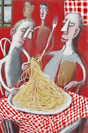 00213-[number]-1831466971-DPM++ 2M-8-the big spaghetti eating, naive painting, white, spoon, fork,red checkered table cloth_ _lora_FDandlSty6_1_