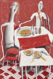 00216-[number]-3198304408-DPM++ 2M-8-the big spaghetti eating, naive painting, white, spoon, fork,red checkered table cloth_ _lora_FDandlSty6_1_