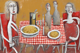 00264-[number]-659433347-DPM++ 2M-8-the big spaghetti eating, naive painting, spoon, fork,red checkered table cloth, bottle, ochre_ _lora_FDandlSty6_1_