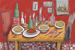 00278-[number]-19777651-DPM++ 2M-8-the big meal,spaghetti, salad, naive painting, spoon, fork,red checkered table cloth, bottle, ochre_ _lora_FDandlSty6_1_
