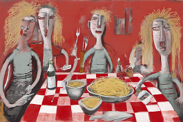 00306-[number]-1048875269-DPM++ 2M-8-the big meal,spaghetti eating, punk-family, naive painting, spoon, fork,red checkered table cloth, bottle, ochre_