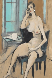 00268-[number]-443907503-DPM++ 2M-7-halfnaked lady, portrait,doubleface, sitting on a chair,table,window,tan, cyangray, ochre,black, one note, signs, _ _lora_FDandl