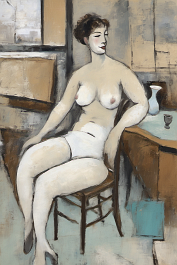 00342-[number]-33542272-DPM++ 2M-7-thick naked lady, white underpants, portrait,doubleface, sitting on a chair,table, vase,window,tan, cyangray, ochre,black, one n